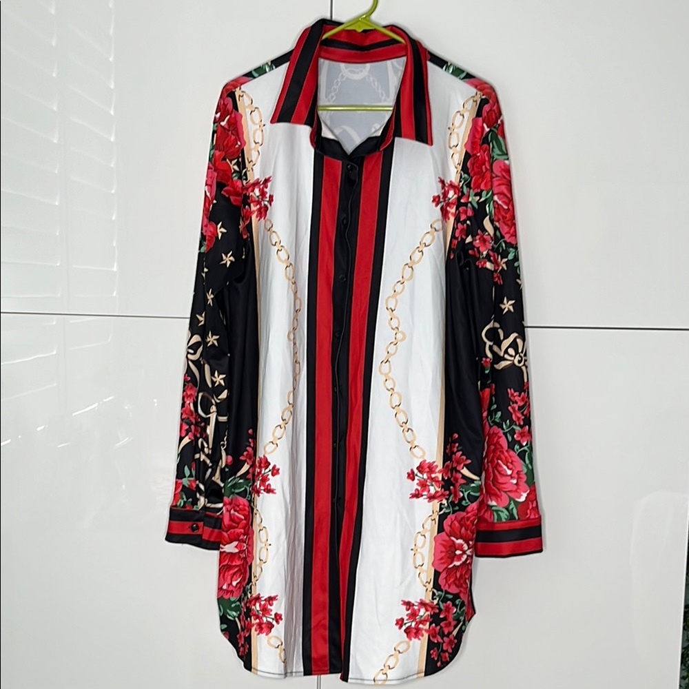 Floral Button Down Shirt - Red, Black, White